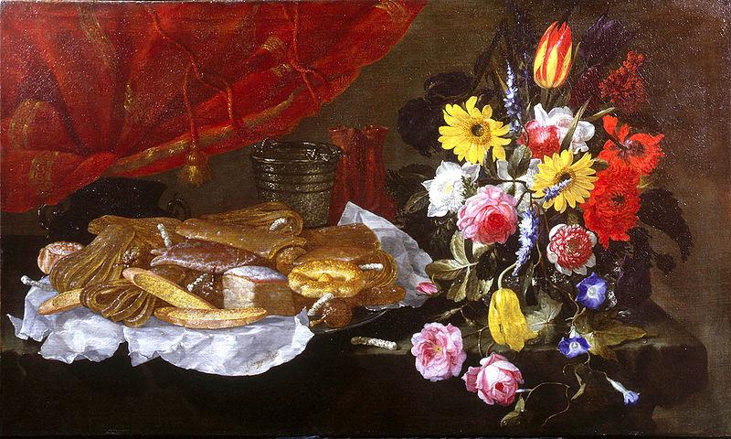 Giuseppe Recco A Still Life of Roses, Carnations, Tulips and other Flowers in a glass Vase, with Pastries and Sweetmeats on a pewter Platter and earthenware Pots, on oil painting picture
